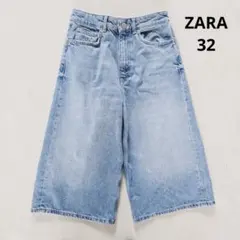 ザラ ZARA デニム ワイドレッグパンツ バギーショーツ 32 ライトブルー
