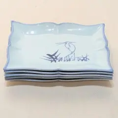 有田焼　角皿　染付　鷺　5客　銘々皿　手描き　菓子器　青磁釉