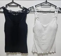 黒/ブラック　白/ホワイト　カップ付き　タンクトップ　2枚セット　S　レース