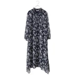美品✨FOVL 花柄 シフォン ハイネック ロングワンピース(M)ネイビー