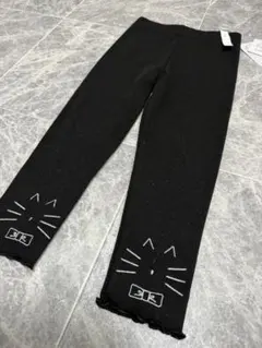 2点送料無料⭐︎猫顔刺繍 ブラックレギンス 100cm