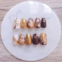 速達料金込み 成人式 花柄金箔ネイルチップ10個セット