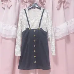 激安！重ね着風 黒×ドット柄 ワンピース 量産型