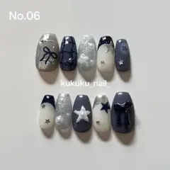 No.06 ネイルチップ 星 リボン ミラー ブルー　韓国 ラメ
