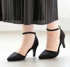 ヒール　アンクルストラップ　パンプス　黒　レース　ブラック