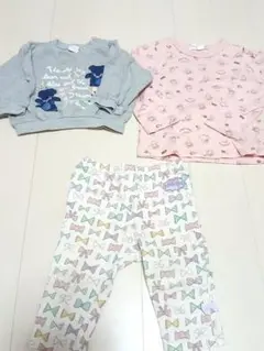 ベビー服 グレーのクマトップスとリボンレギンスセット