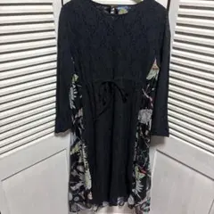 iS ScoLar花柄プリント プリーツ　レース黒 ロングワンピース