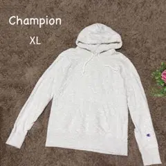 Champion L グレー フード付きパーカー ロゴ刺繍　ドロスト　ポケット