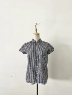 【美品】LE GLAZIK ギンガムチェック ラウンドカラー 半袖 シャツのサムネイル