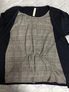 ネイビー チェック柄 重ね着風カットソー