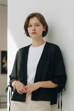 アンテイラー/長袖ブラックカーディガン/オープンフロント袖絞りスタイルMシンプル