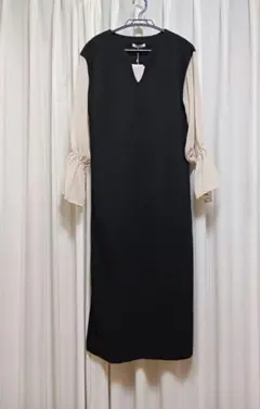 新品タグ mily bilet 黒 ベージュ 異素材ドッキング ロングワンピース