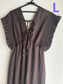 新品しまむら laxdantiaシャーリングオールインワン ダークブラウンL 茶