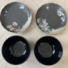 花柄(桜・紫陽花)丸皿とお椀(藤)セット
