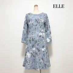 ELLE エル フローラルフレアワンピース 水色 花柄 上品 美シルエットのサムネイル