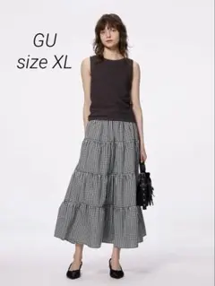 ジーユー　ティアードマキシスカート　ギンガムチェック　白　黒　XL フレア