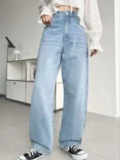 【moment+】デニム&ツイルストレートパンツ