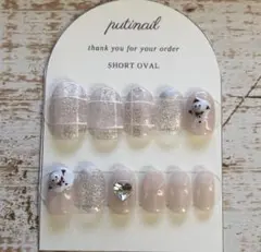 サイズ計測不要　ショートオーバル ネイルチップ 雪だるま　チェックデザイン