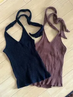 CINAMOD】 RIB SET CAMI グリーン×ブラウン ホルターネック - メルカリ