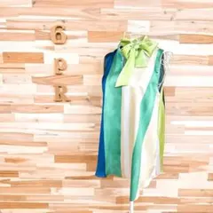 【ザラ】サテン アシンメトリー ノースリーブ カットソー ストライプ XS 緑