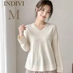 インディヴィ 毛100％ 薄手ニット トップス プルオーバー Vネック リブ編み