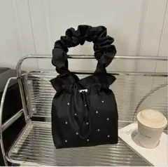 ギャザーハンドル トートバッグ ブラック フリルハンドル スタッズ ハンドバッグ