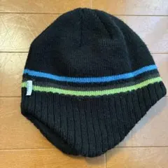 スキースノーボード等ニット帽子 黒 青 緑 ストライプ JL（54〜56cm）