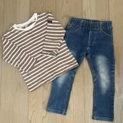 petit main ボーダー長袖Tシャツ＆breezeデニムパンツ 2点セット