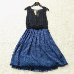 【美品】アクシーズファム 花柄 ジャガードワンピース M ブルー系 フレア
