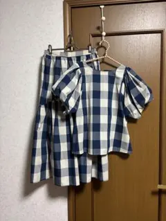 opaque ブロックチェック　セットアップ　ネイビー　ブラウス　ロングスカート