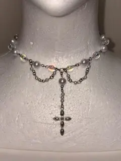 パールオーロラビーズクロスネックレス　ハンドメイド　フェアリー　グランジ