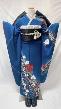 青色 花柄刺繍 振袖 振袖フルセット 正絹 成人式　振袖6点セット