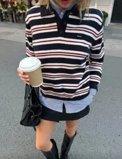 ストライプニットポロシャツ 長袖