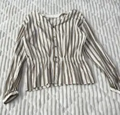 【a4244】IENA ストライプ柄 長袖ペプラムブラウス ブラウン