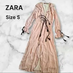 ZARA ザラ シフォン 長袖 Ｖネック リボン ロングワンピース