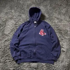 90s ジップパーカースウェットフーディー紺ネイビーMLBレッドソックス短丈古着