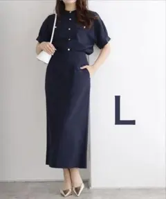 接触冷感リネンライクスカート　L ネイビーのサムネイル