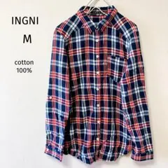INGNIイング　チェック柄シャツ　長袖　ネイビー　ブルー　レッド　M