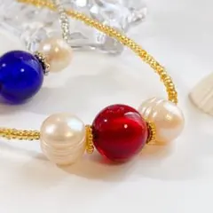 ベネチアガラス 真紅と淡水パールの満月 ネックレス