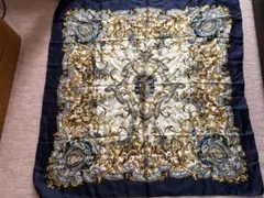 シルク100% ネイビー ゴールド スカーフ