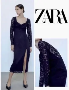 匿名配送　レア　新品　ZARA 最高級 コードレース　ロングワンピース　ネイビー