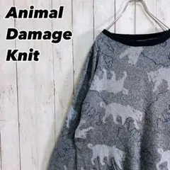 Animal アニマル ライオン リブ切替 総柄 ダメージ ボロ デザインニット