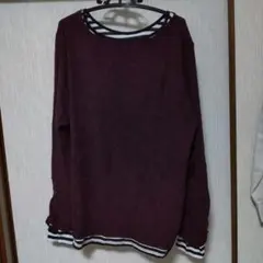 長袖ニット ストライプレイヤード　濃い赤紫色　4〜5L
