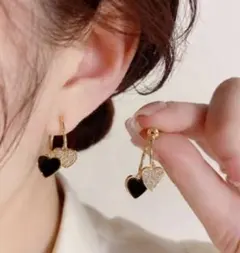 Wハート ミニフープピアス　ブラック　3枚目写真ご確認下さい