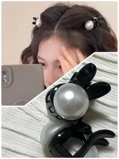 (新品)ウサギ耳デザイン ヘアピン ブラックとパール