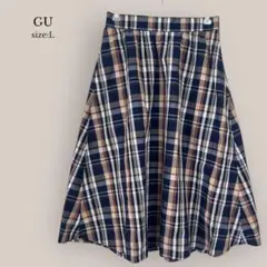 ジーユー GU チェックフレアスカート　ミモレ丈　裏地付き　ネイビー系　ゴム