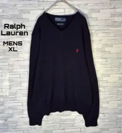 【USA古着】90sラルフローレンラムウールニットXL ネイビーVネック　刺繍