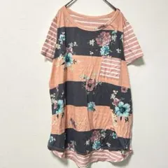 花柄 ボーダー カットソー クルーネック 半袖 チュニック【3XL】ゆったりのサムネイル