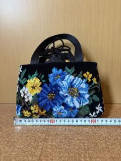 FEILER 刺繍花柄巾着バッグ 黒