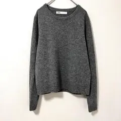 ◉ZARA 　ラウンドネックニット　グレー　無地　長袖　ウール100％